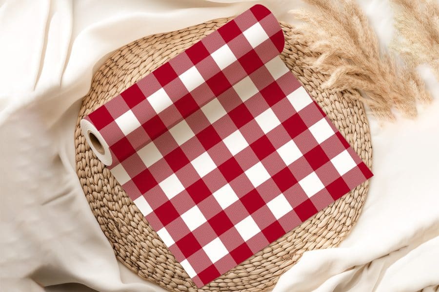Roll Of Red And White Gingham Fabric.