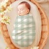 Sleeping Baby Swaddled In A Sage Green And White Gingham Blanket Inside A Wicker Basket.