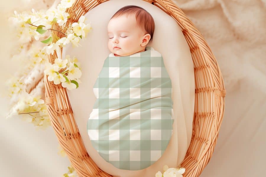 Sleeping baby swaddled in a sage green and white gingham blanket inside a wicker basket.