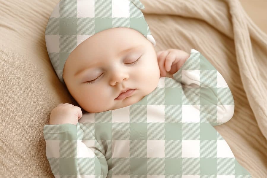 Sleeping Baby Wearing A Sage Green And White Gingham Patterned Outfit.