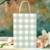 Sage Green Gingham Gift Bag With Pale Pink Flowers Beside It.