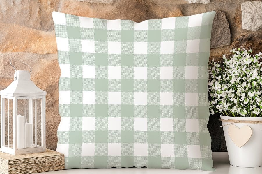 Sage Green And White Gingham Throw Pillow.