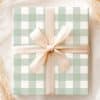 Sage Green And White Gingham Gift Box With A Beige Ribbon.
