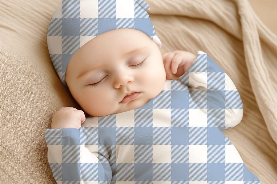 Sleeping Baby Wearing A Blue And White Gingham Outfit.