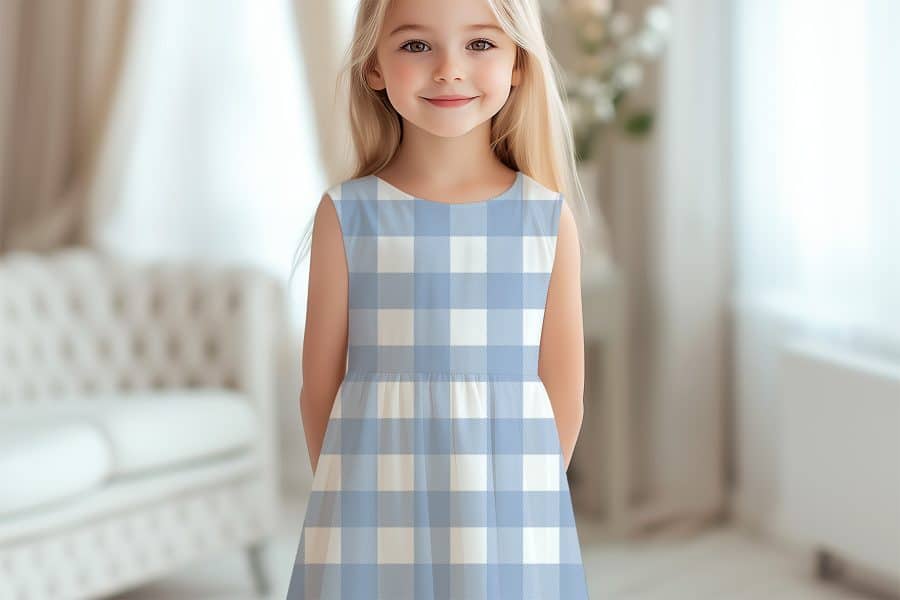 Girl In A Light Blue And White Gingham Dress.