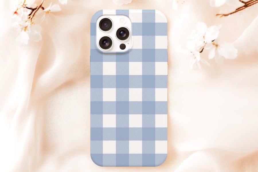 Phone Case With Light Blue And White Gingham Pattern.