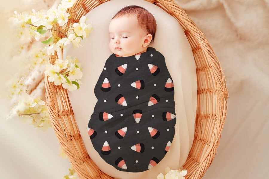 Sleeping baby swaddled in a candy corn patterned wrap.