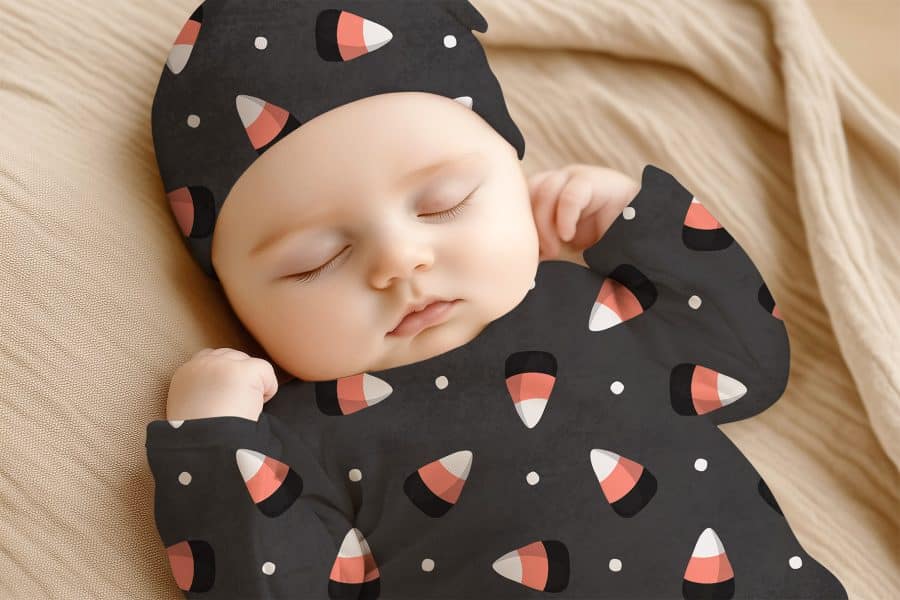 Sleeping Baby Wearing A Candy Corn Patterned Onesie And Hat.