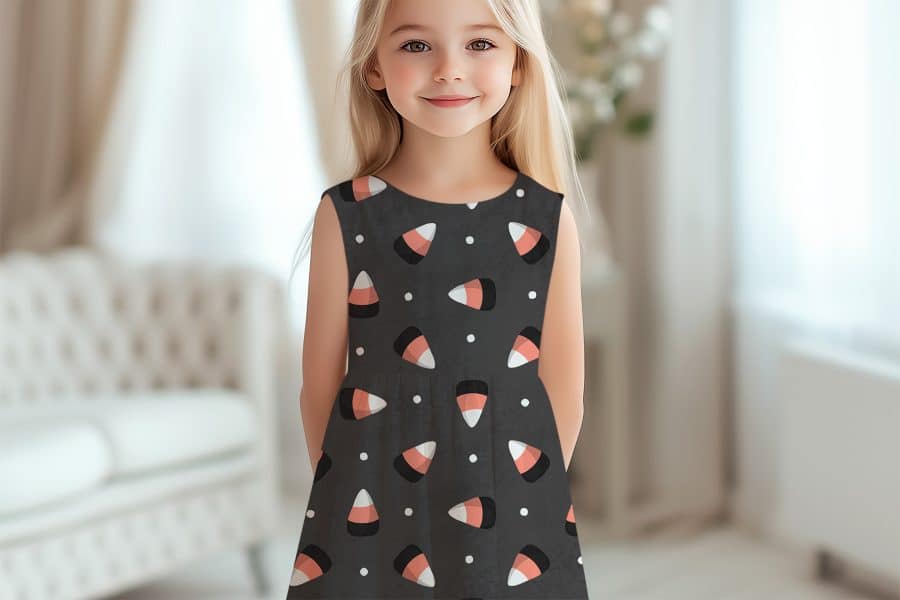 Girl Wearing A Dark Gray Sleeveless Dress With A Candy Corn Pattern.