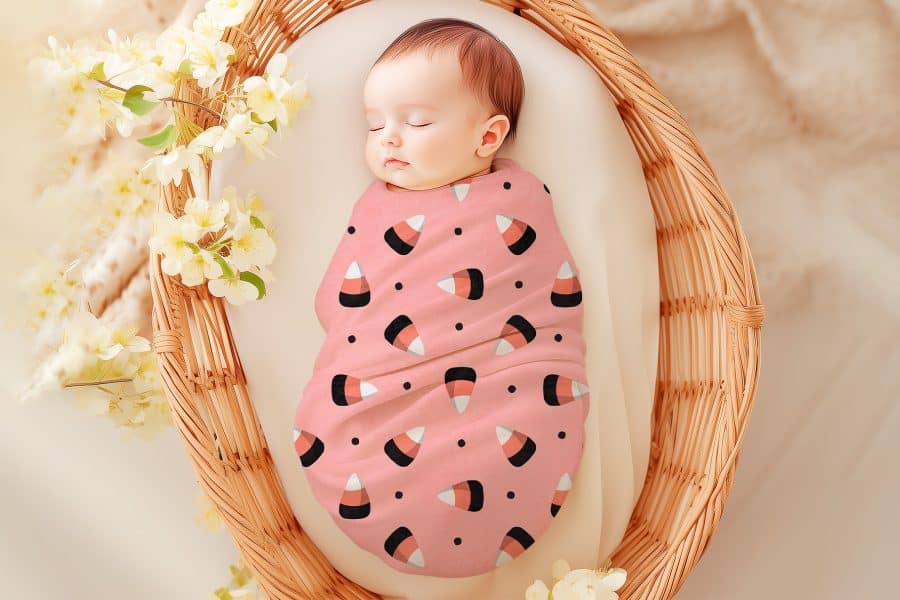 Sleeping baby swaddled in a pink candy corn patterned blanket.