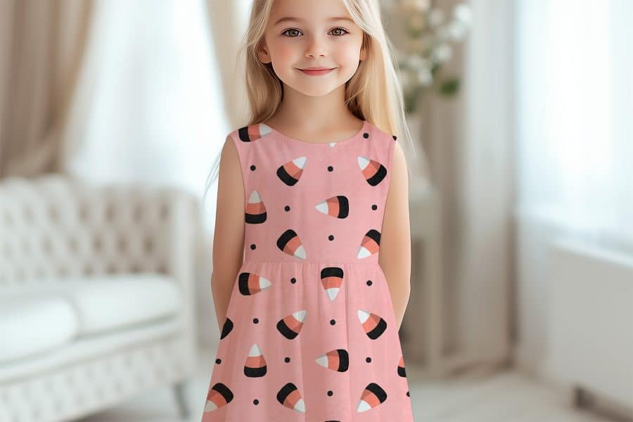 Girl Wearing A Pink Dress With Candy Corn Pattern.