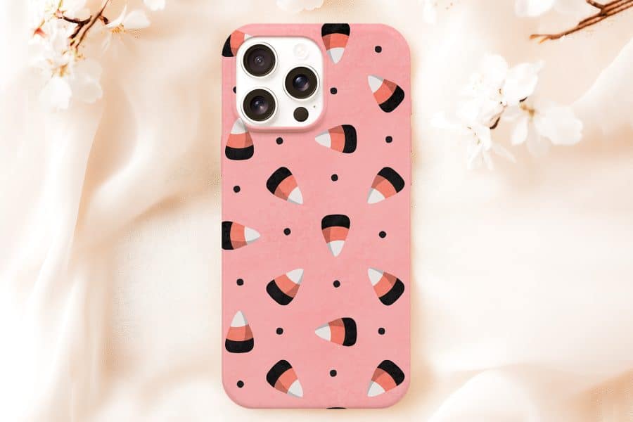 Pink Phone Case With Candy Corn Pattern.