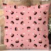 Pink Pillow With A Repeating Pattern Of Candy Corn.