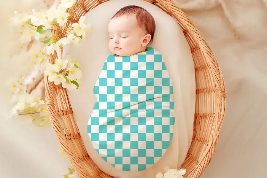 Sleeping baby swaddled in a teal and white checkered blanket.