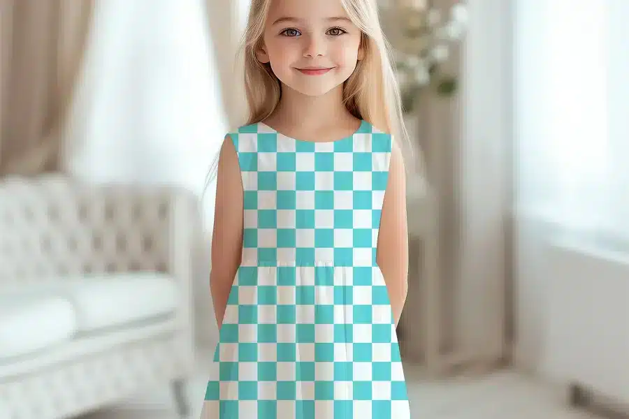 Young Girl Wearing A Teal And White Checkered Dress.