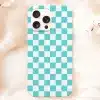 Phone Case With Light Teal And White Checkered Pattern.