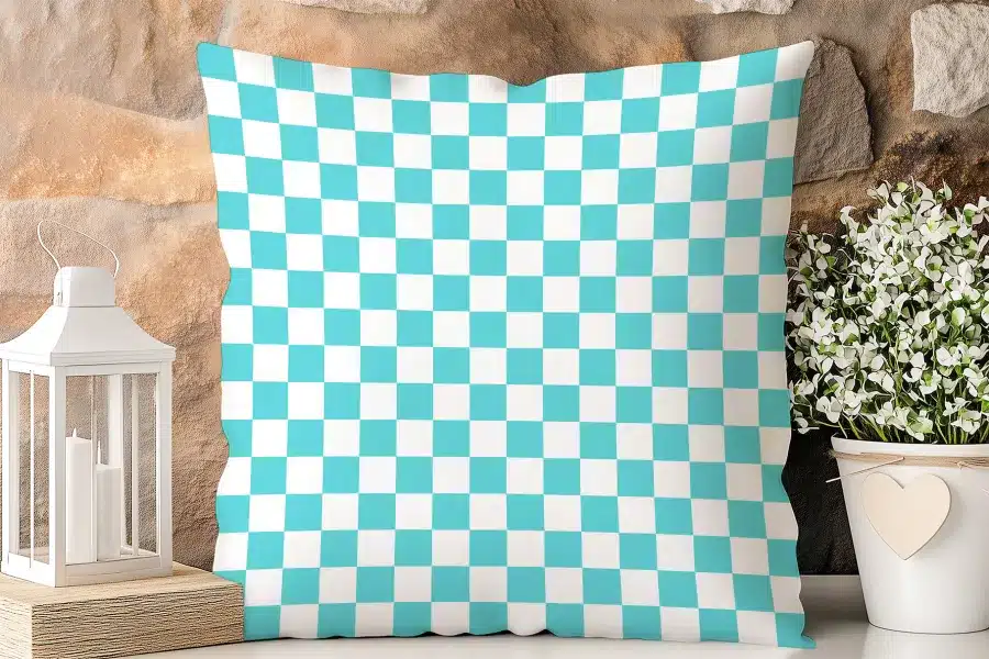Teal And White Checkered Pillow.