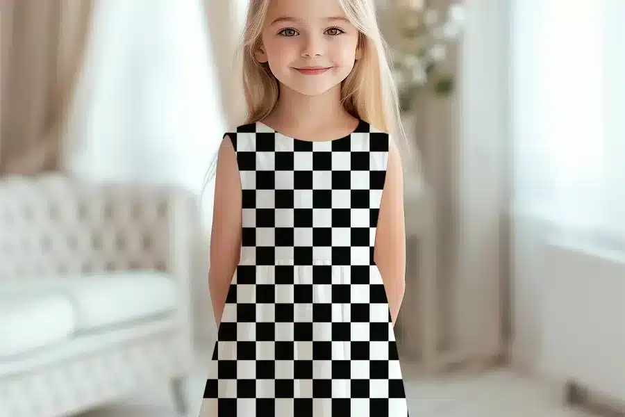 Young Girl Wearing A Black And White Checkered Dress.