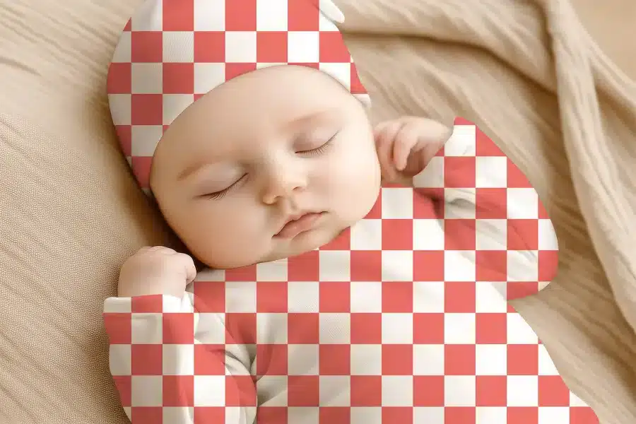 Sleeping Baby Wearing A Red And White Checkered Hat And Outfit.