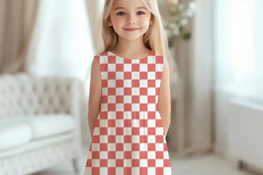 Girl In Coral And White Checkered Dress.