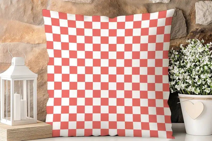 Coral And White Checkered Throw Pillow.