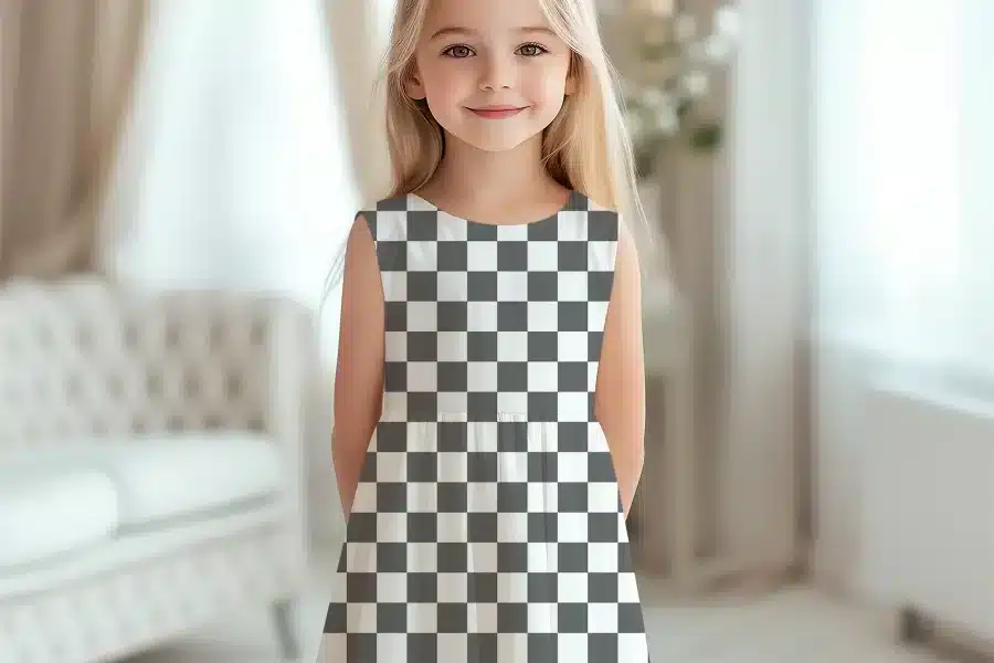 Young Girl Wearing A Sleeveless Checkered Dress.