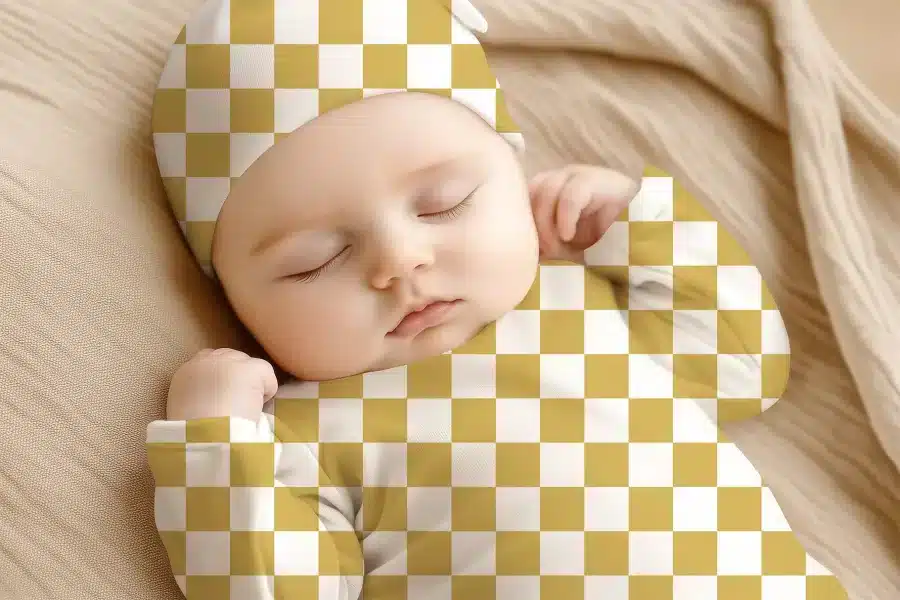 Sleeping Baby Wearing A Mustard Yellow And White Checkered Outfit.