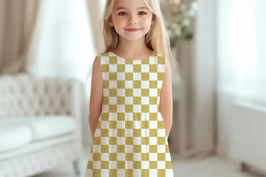 Young Girl Wearing A Gold And White Checkered Dress.