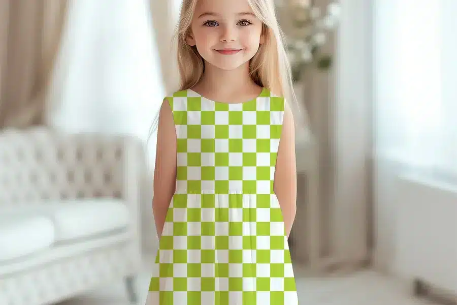 Girl In A Lime Green And White Checkered Dress.