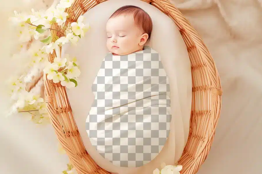 Sleeping baby swaddled in a fabric wrap inside a wicker basket.