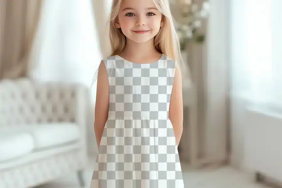 Young Girl Wearing A Sleeveless, Light Gray And White Checkered Dress.