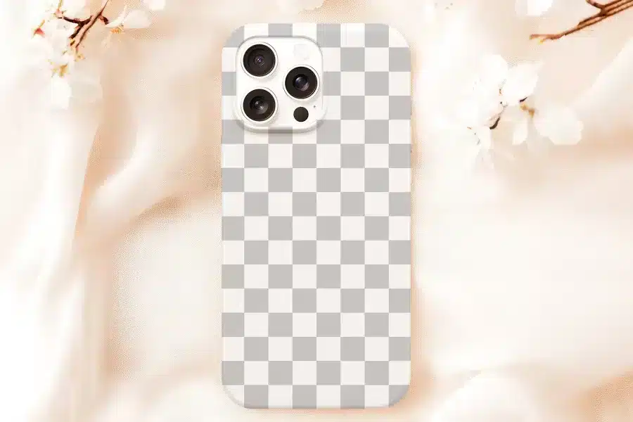 White Phone Case With A Gray Checkered Pattern And A Triple-Lens Camera.