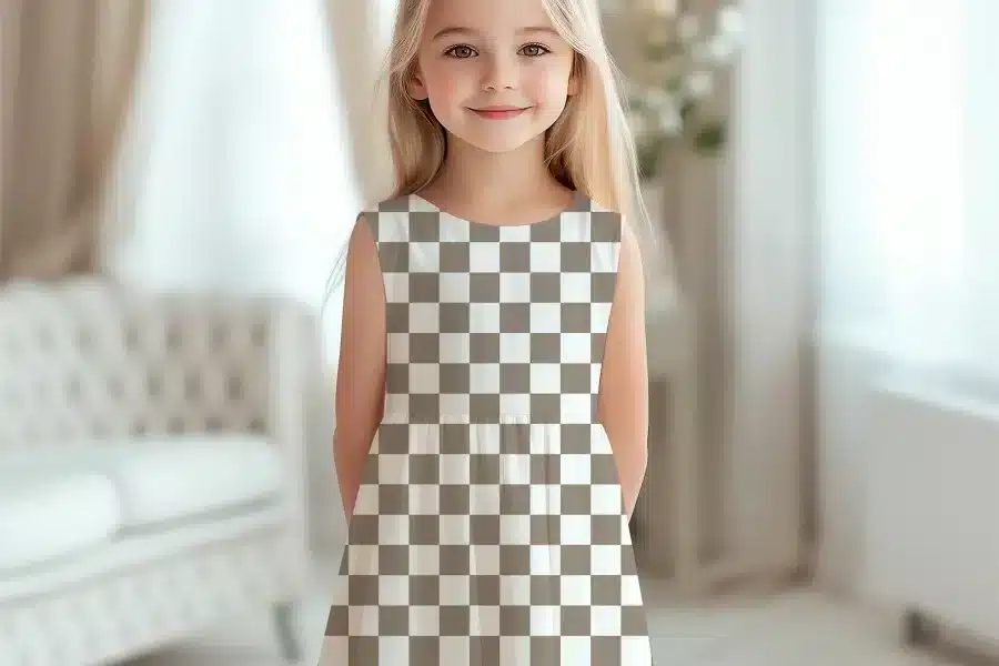 Girl Wearing A Sleeveless Checkered Dress.