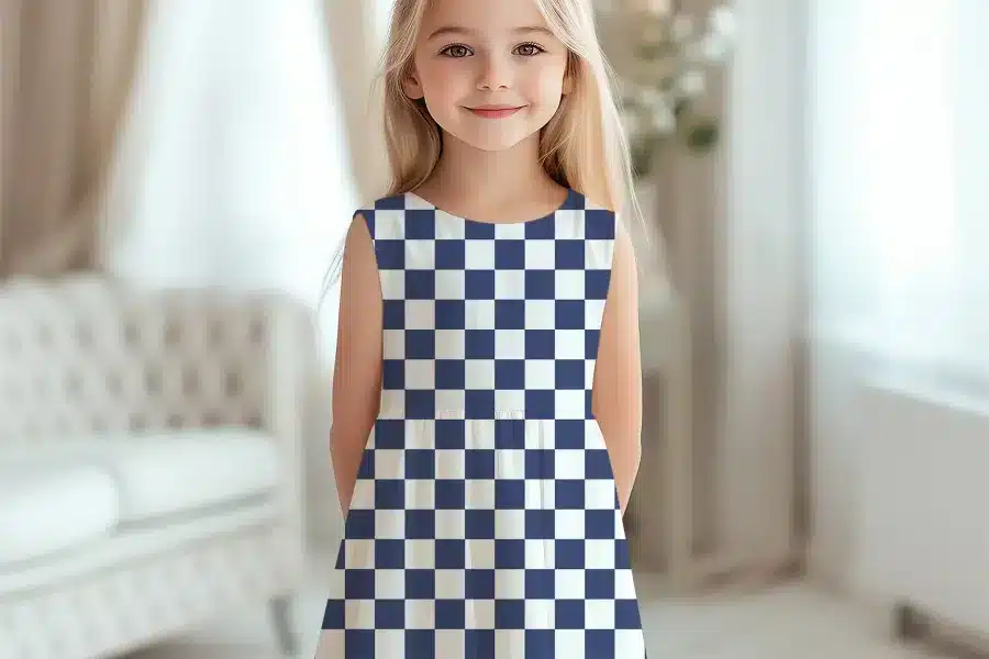 Young Girl In A Sleeveless Navy And White Checkered Dress.