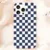 Phone Case With Navy Blue And White Checkerboard Pattern.