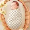 Sleeping Baby Swaddled In A Fabric Wrap Inside A Wicker Basket.