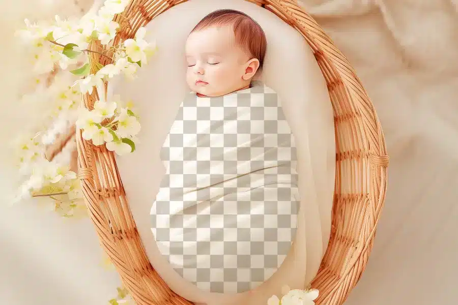 Sleeping baby swaddled in a fabric wrap inside a wicker basket.