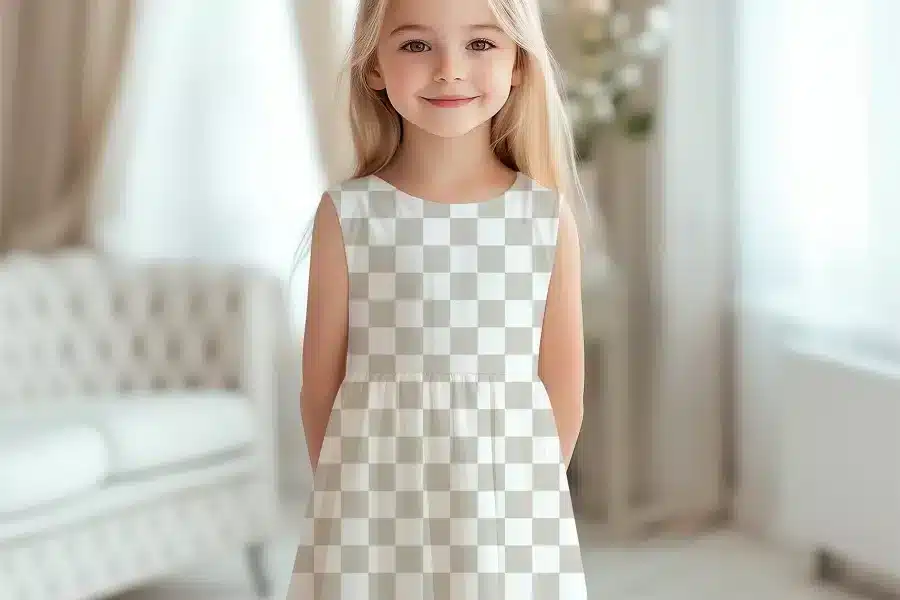 Girl Wearing A Sleeveless Checkered Dress.
