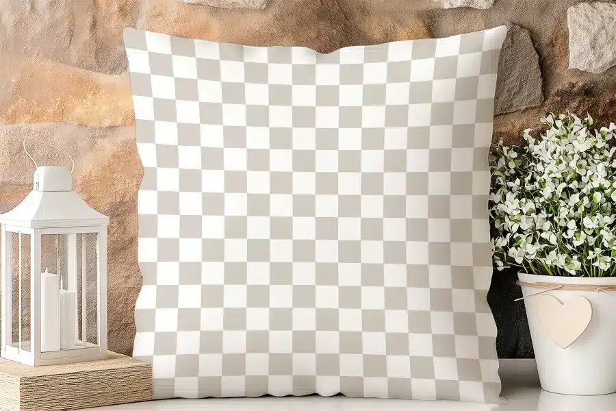 Beige And White Checkered Throw Pillow.