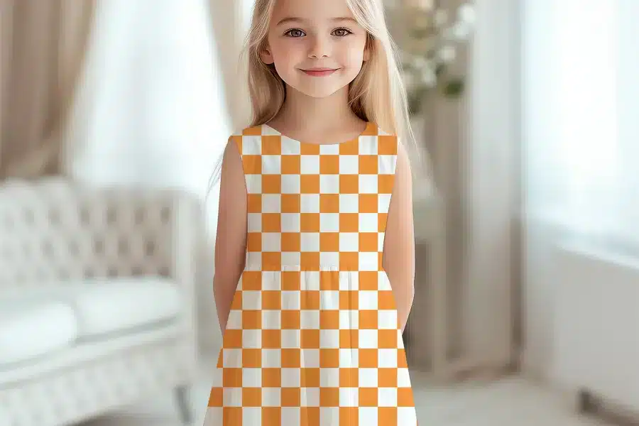 Girl Wearing An Orange And White Checkered Dress.