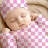 Sleeping Baby Wearing A Pink And White Checkered Hat And Outfit.