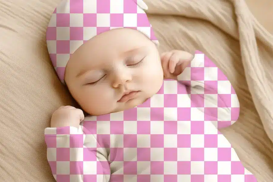 Sleeping Baby Wearing A Pink And White Checkered Hat And Outfit.