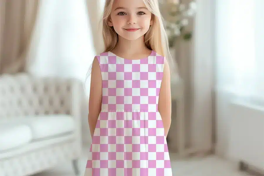 Young Girl Wearing A Pink And White Checkered Dress.