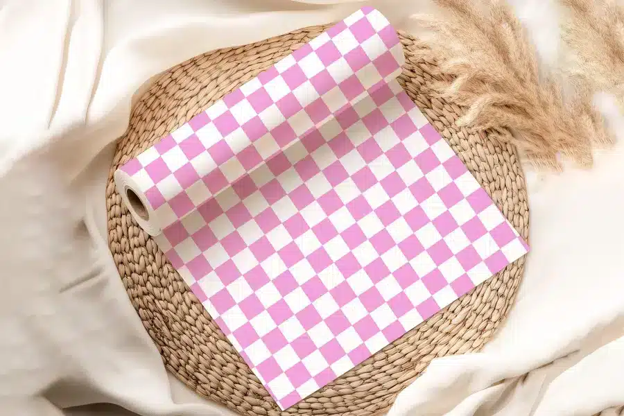 Pink And White Checkered Wrapping Paper Roll.