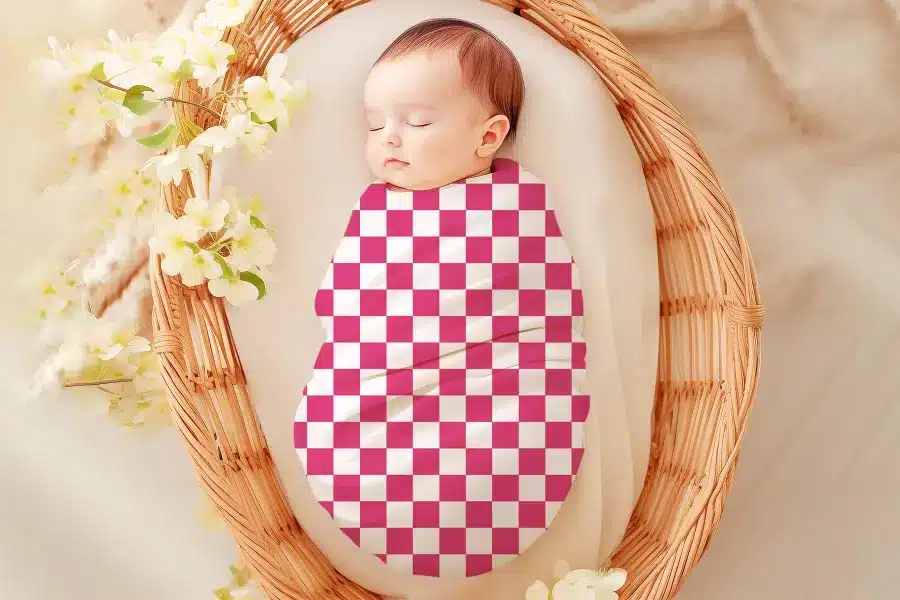 Sleeping baby swaddled in a pink and white checkered receiving blanket.
