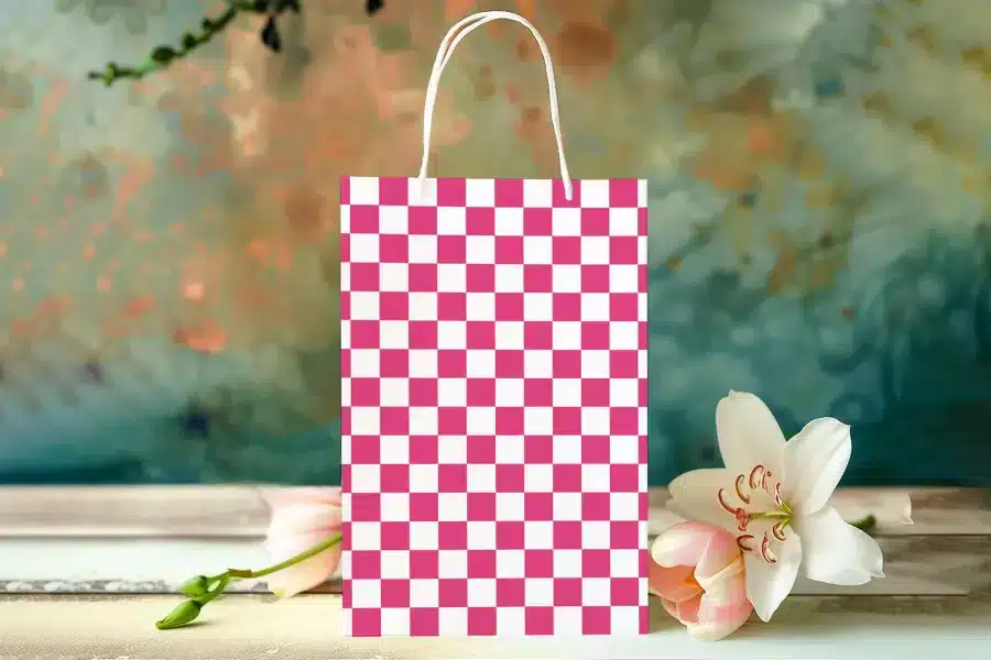 Pink And White Checkered Gift Bag.