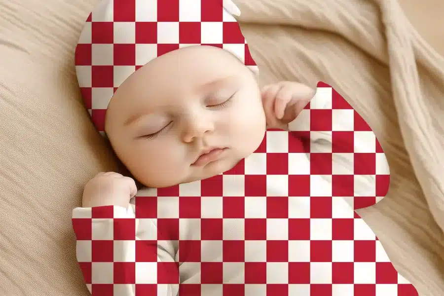 Sleeping Baby Wearing A Red And White Checkered Onesie And Hat.
