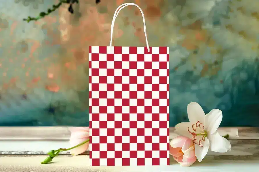 Red And White Checkered Gift Bag With White Handles.