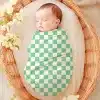 Sleeping Baby Swaddled In A Mint Green And White Checkered Wrap, Nestled In A Wicker Basket.