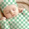 Sleeping Baby Wearing A Mint Green And White Checkered Onesie And Hat.